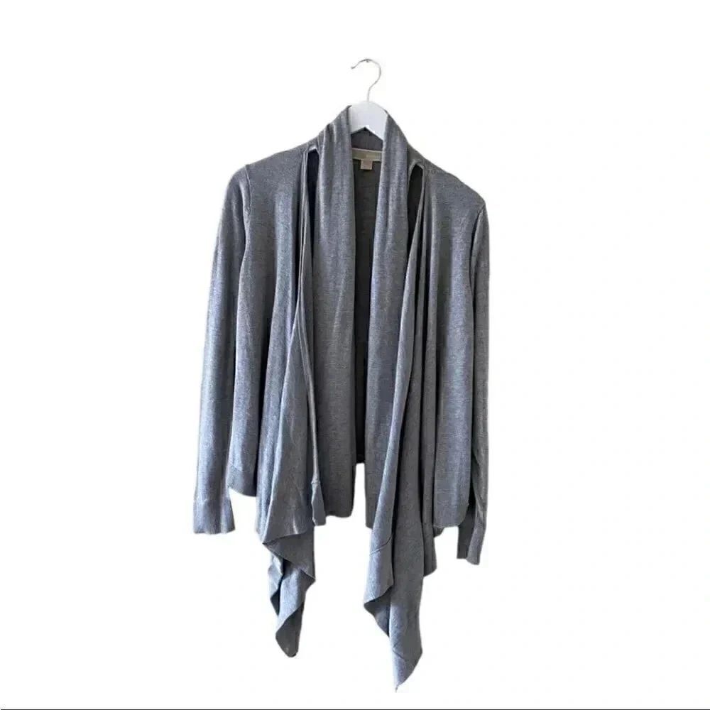 Michael Kors Gray Asymetrical Long Sleeves Knit Drape Open Front Cardigan L